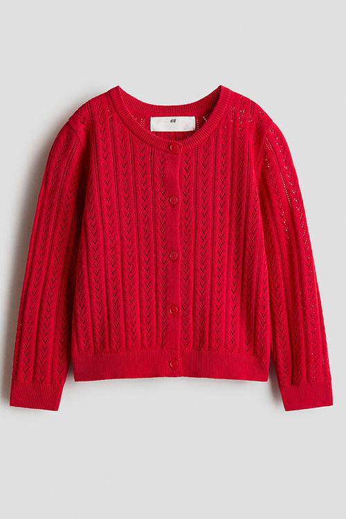 Pointelle-knit cotton cardigan - red