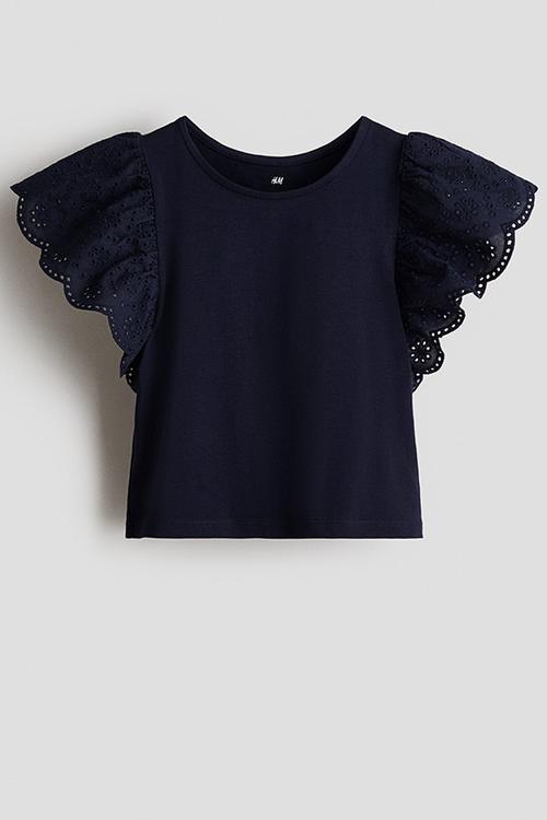 Flutter-sleeved broderie anglaise top - navy blue
