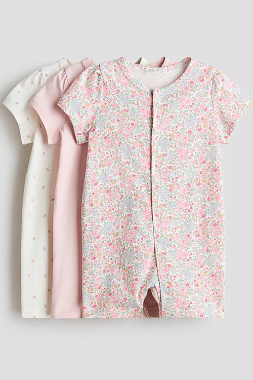 3-pack short cotton sleepsuits - pink/floral