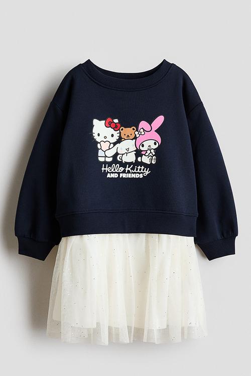 Printed tulle-skirt sweatshirt dress - navy blue/sanrio