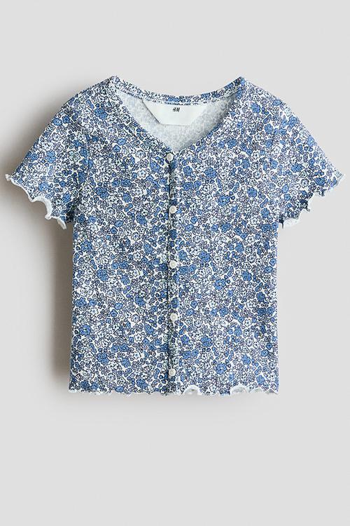 Button-detail ribbed top - blue/floral