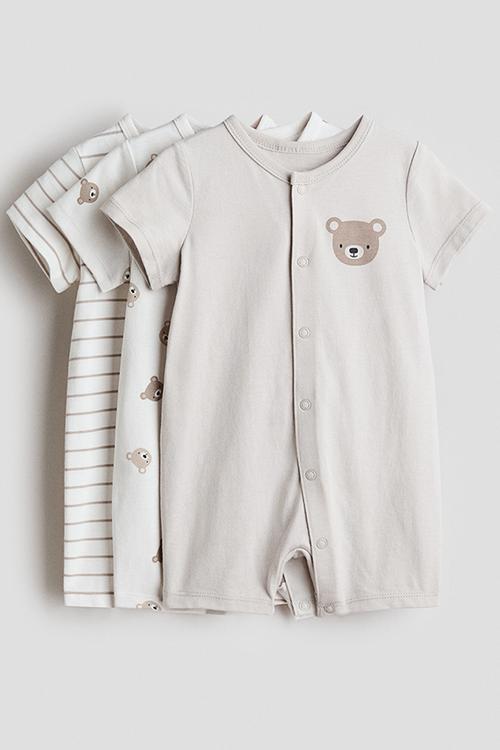 3-pack short sleepsuits - cream/bears