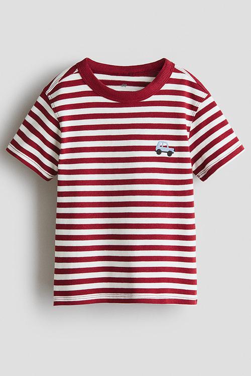 Embroidery-detail t-shirt - dark red/striped