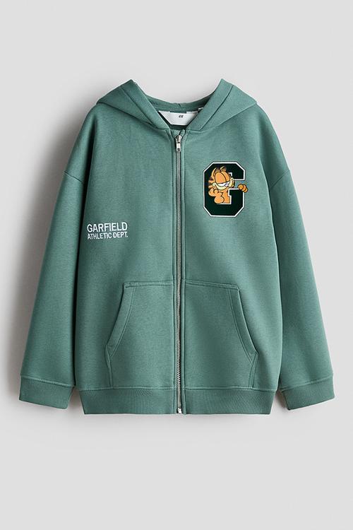 Motif-detail zip-through hoodie - dark green/garfield