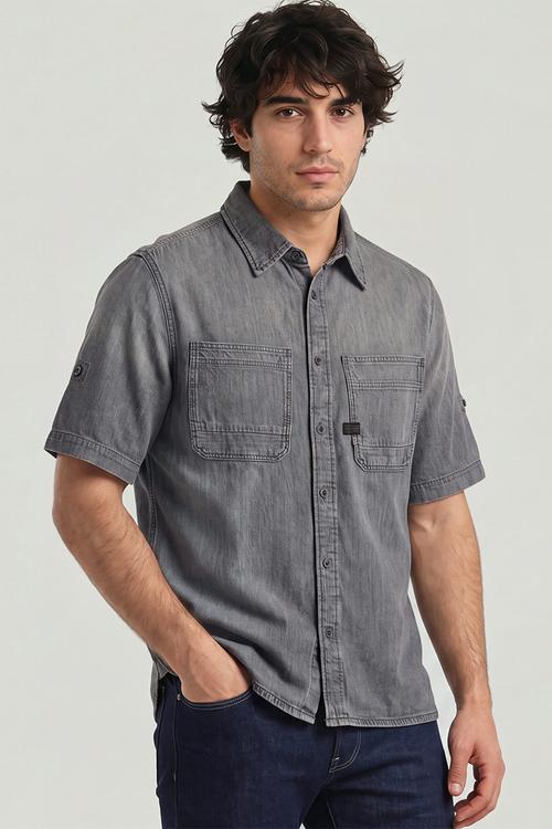 Slanted Double Pocket Regular Shirt S\S - Sun Faded Glacier Grey