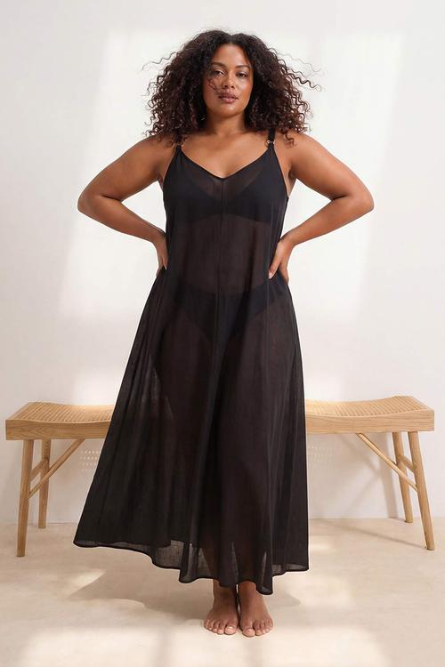 Plus beachwear maxi voile woven dress - black