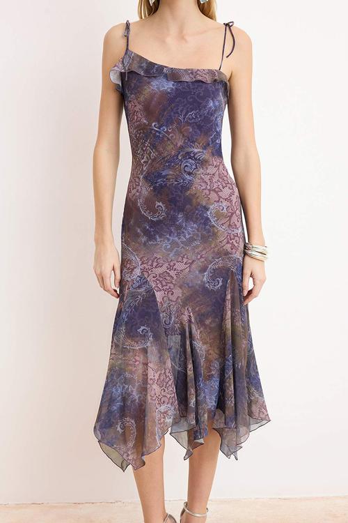 Abstract Print Chiffon Midi Party Dress - Purple-Multicolour