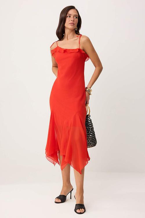 Floral Chiffon Asymmetric Midi Party Dress - Pomegranate Blossom