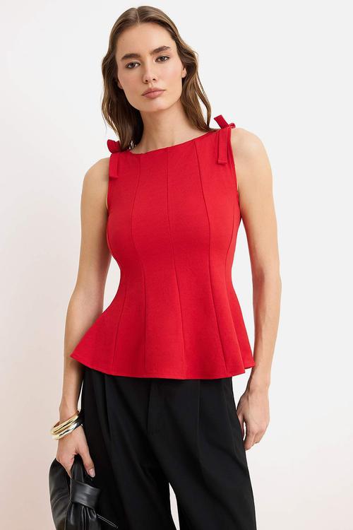 Peplum Blouse with Shoulder Bow Detail - Red