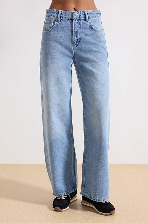 Adjustable Waist High-Waist Wide-Leg Jeans - Blue