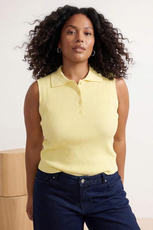 Plus polo neck ribbed knit blouse - yellow