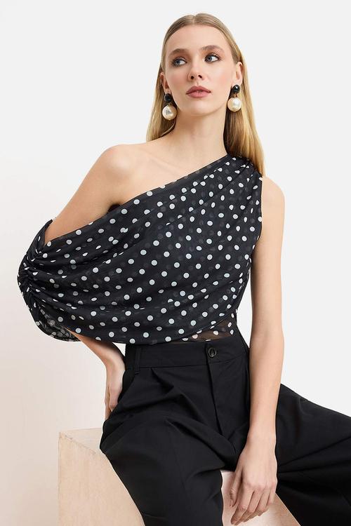 Polka Dot Asymmetric Collar Party Blouse - Black-White