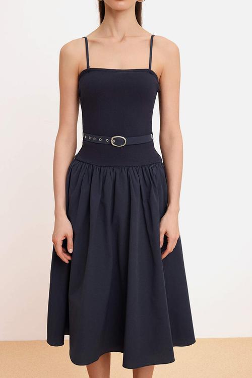 Strapless Waist-Cut Midi Dress - Navy Blue