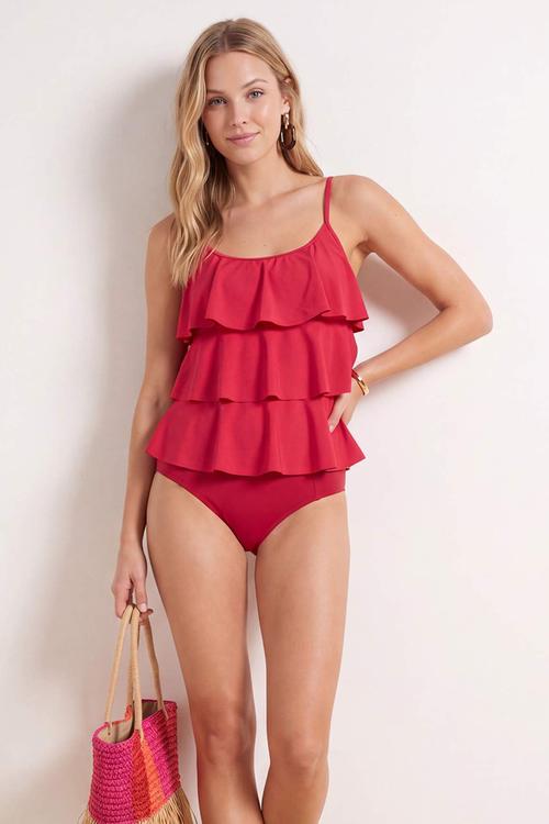 Flounce tankini bikini set - burgundy