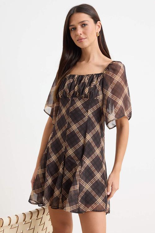 Plaid Handkerchief Mini Chiffon Dress - Brown