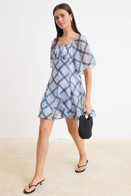 Plaid Handkerchief Mini Chiffon Dress - Blue