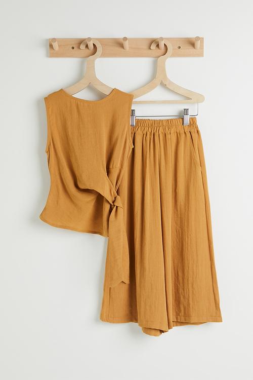 Wrap-around top & wide leg pants - brown