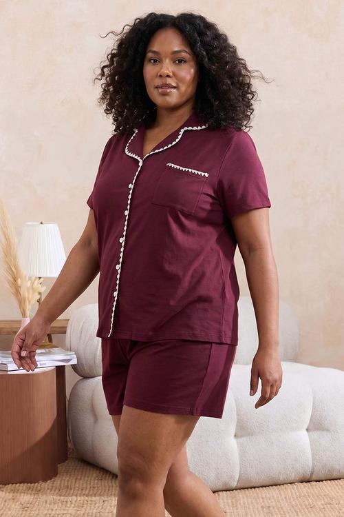 Plus embroidered collar pajama set - plum