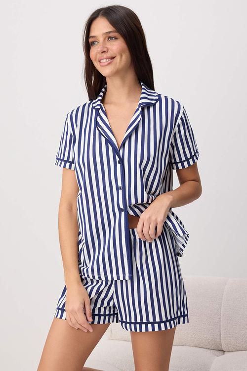 Cotton striped ribbed shorts pajama set - navy blue