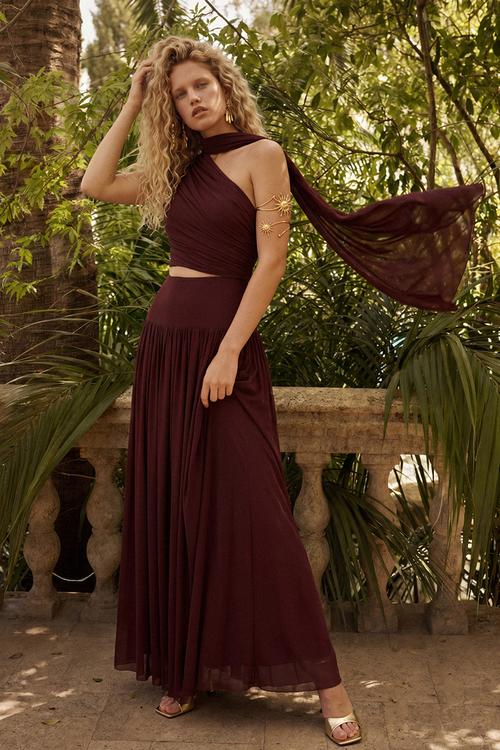 Asymmetric Neckline Tulle Blouse and Skirt Set - Brown