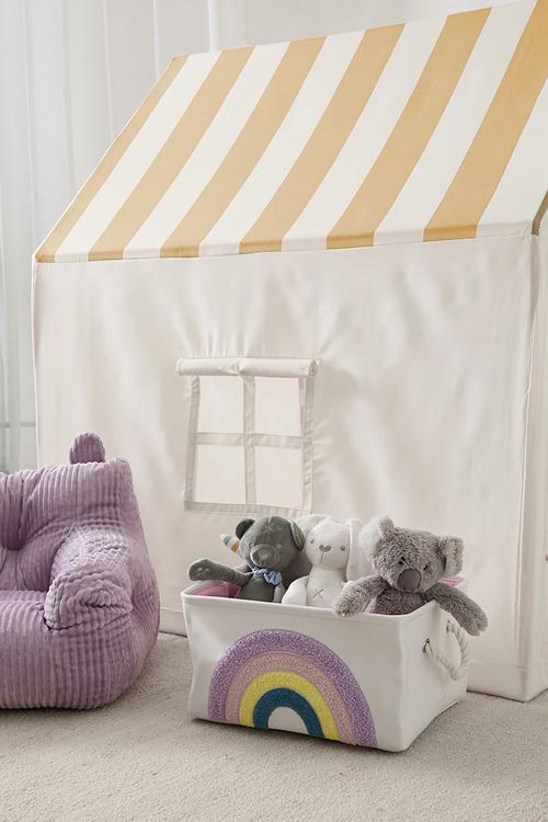 Tufted rainbow fabric toy storage basket - white