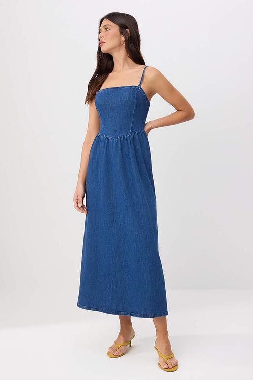 Strapless Stretch Maxi Denim Dress - Blue