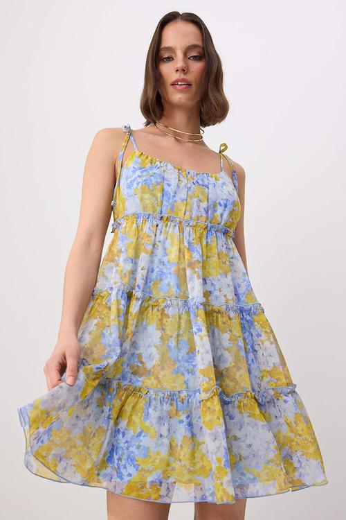 Floral Layered A-Line Chiffon Mini Dress - Multicolour