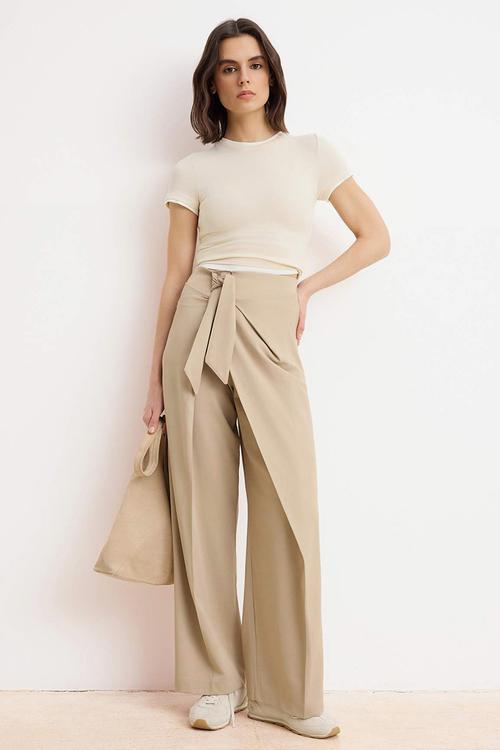 Tie Detail Wide-Leg Trousers - Beige
