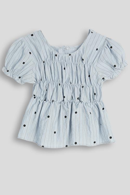 Pin-striped smocked bodice top - powder blue