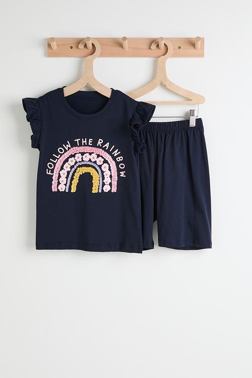 Rainbow graphic frilled sleeve tee with shorts - dark navy