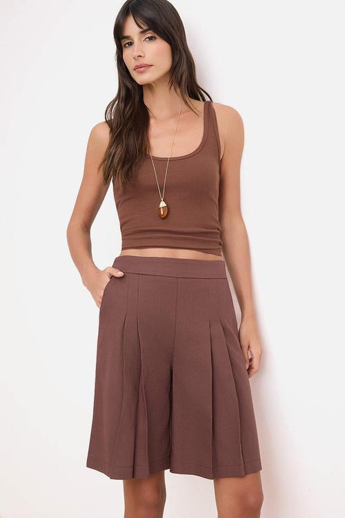 Pleated Linen-Look Bermuda Shorts - Brown