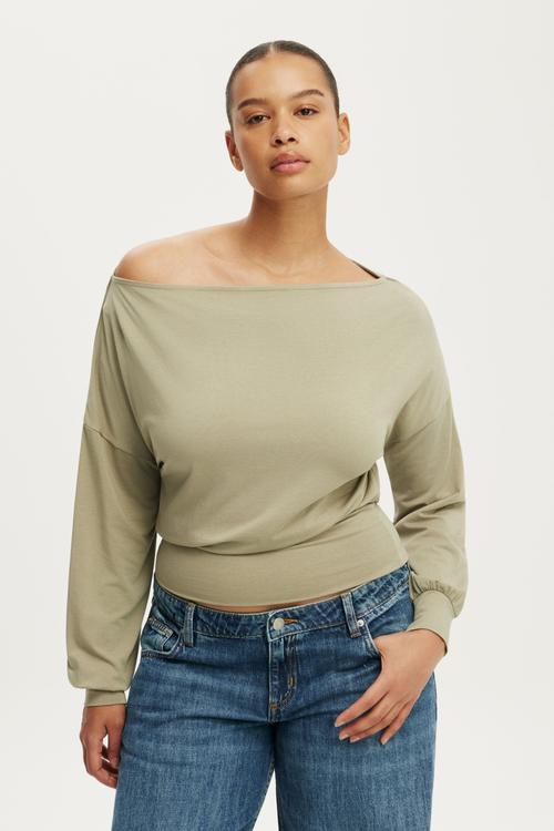 Sage Off Shoulder Long Sleeve - Pale Eucalyptus