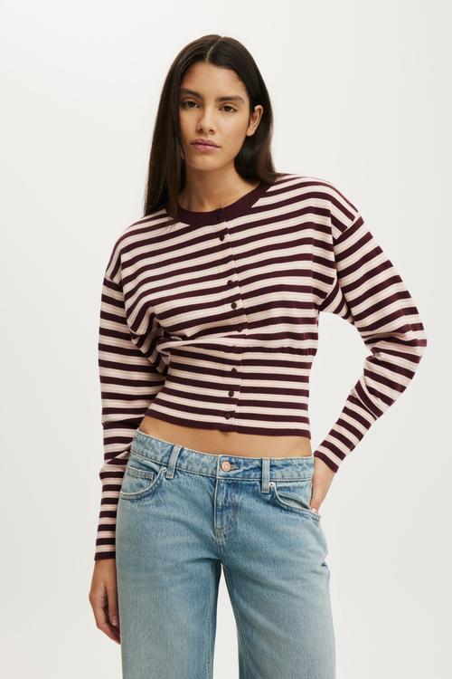 Sara Button Cardigan - Sour Cherry/Pink Stripe