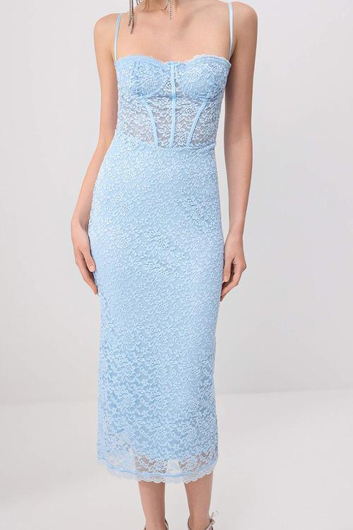 Lace Detail Midi Dress - Light Blue