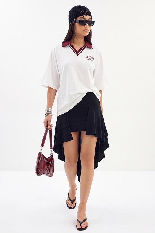 Ruffle Detail Midi Knit Skirt - Black