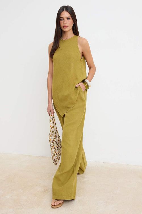 Halter Neck Blouse and Wide-Leg Trousers Set - Oil Green