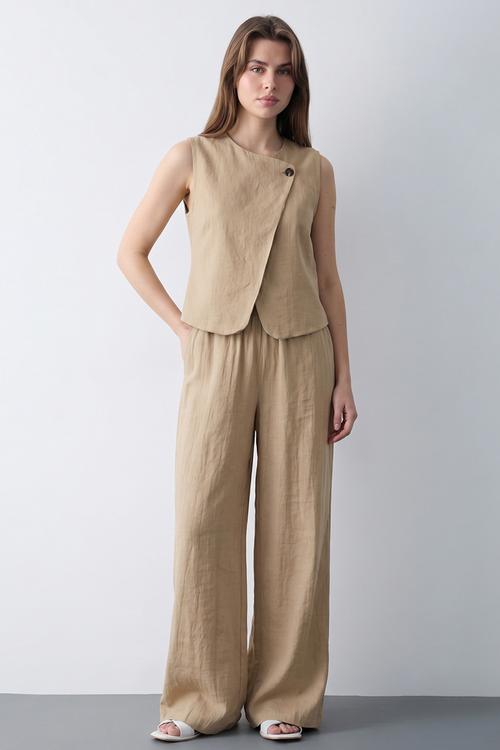 Linen-Look Top and Bottom Set - Light Khaki