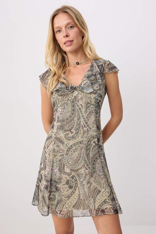 Shawl Print A-Line Mini Dress - Yellow-Multicolour
