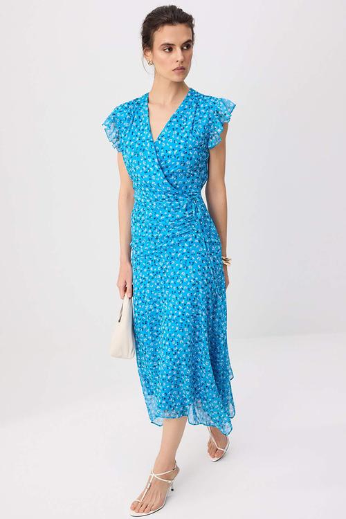 Floral Double-Breasted A-Line Maxi Dress - Blue