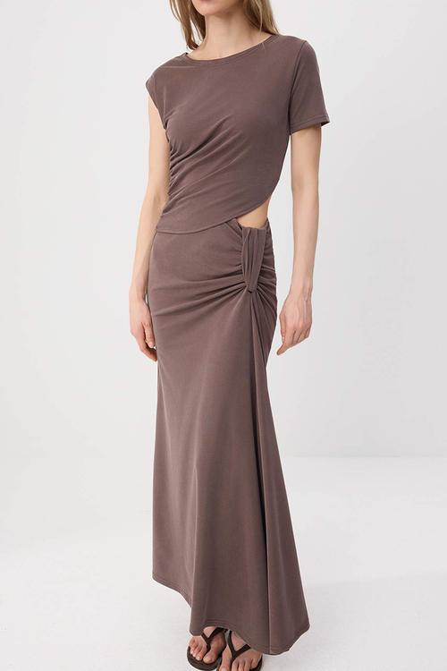 Fitted Window Detail Maxi Modal Knit Dress - Brown