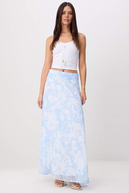 A-Line Flared Chiffon Maxi Skirt - Light Blue