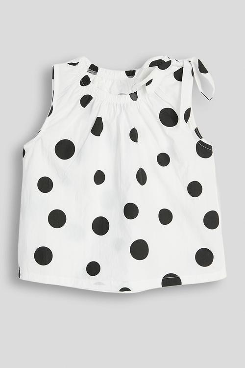 Macro dot gathered neckline blouse - white