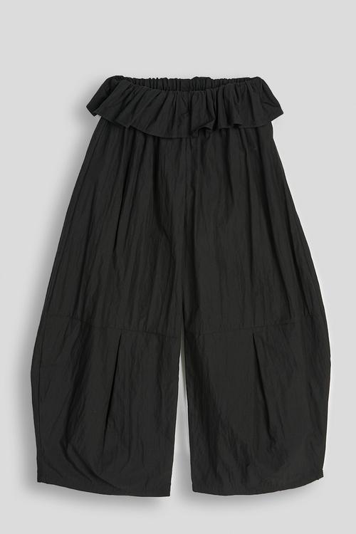 Pleated barrel wide-leg trousers with waist ruffle - black