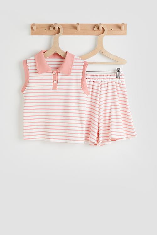 Sleeveless golf shirt & shorts - pink stripe