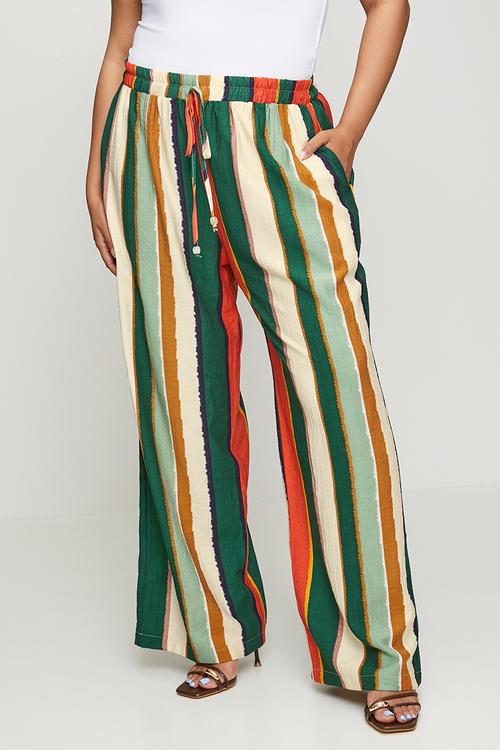 Plus Striped Straight Leg Pull On Pant - Multicolour