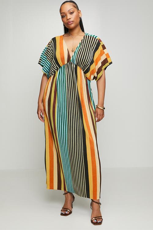 Plus Plisse Joy Kaftan Sleeve Dress - Multistripe