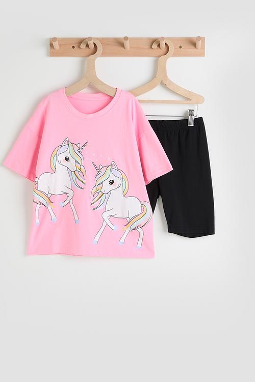 Unicorn graphic tee & shorts - pink/black