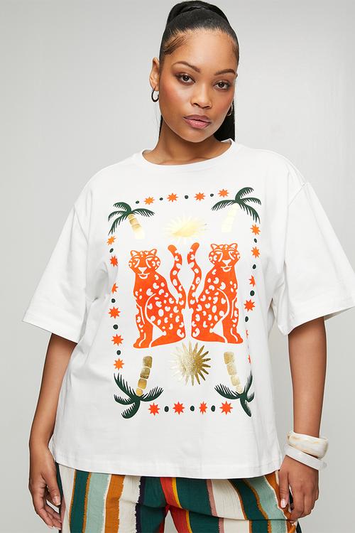Plus Statement Tee With Moroccan Cheetah - White