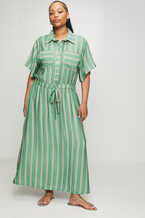Plus Drawstring Waist Pocket Shirt Dress - Green & White Stripe