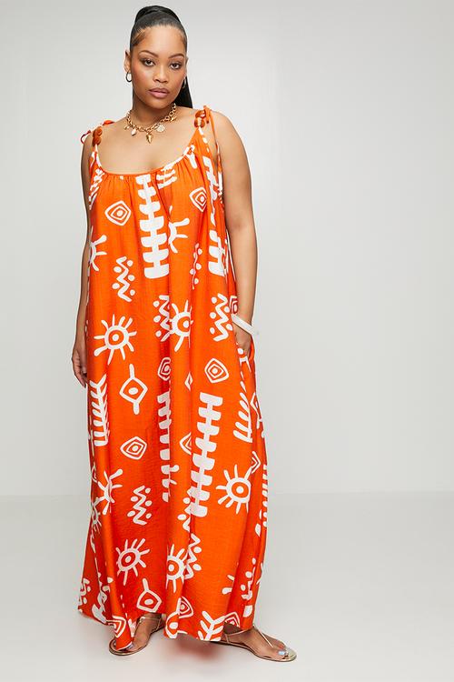 Plus Bead Swing Dress Mandarin Orange Morocco - Orangesun